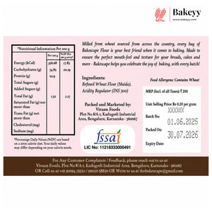 Bakeseyy flour packaging with nutritional information, ingredients, and contact details.