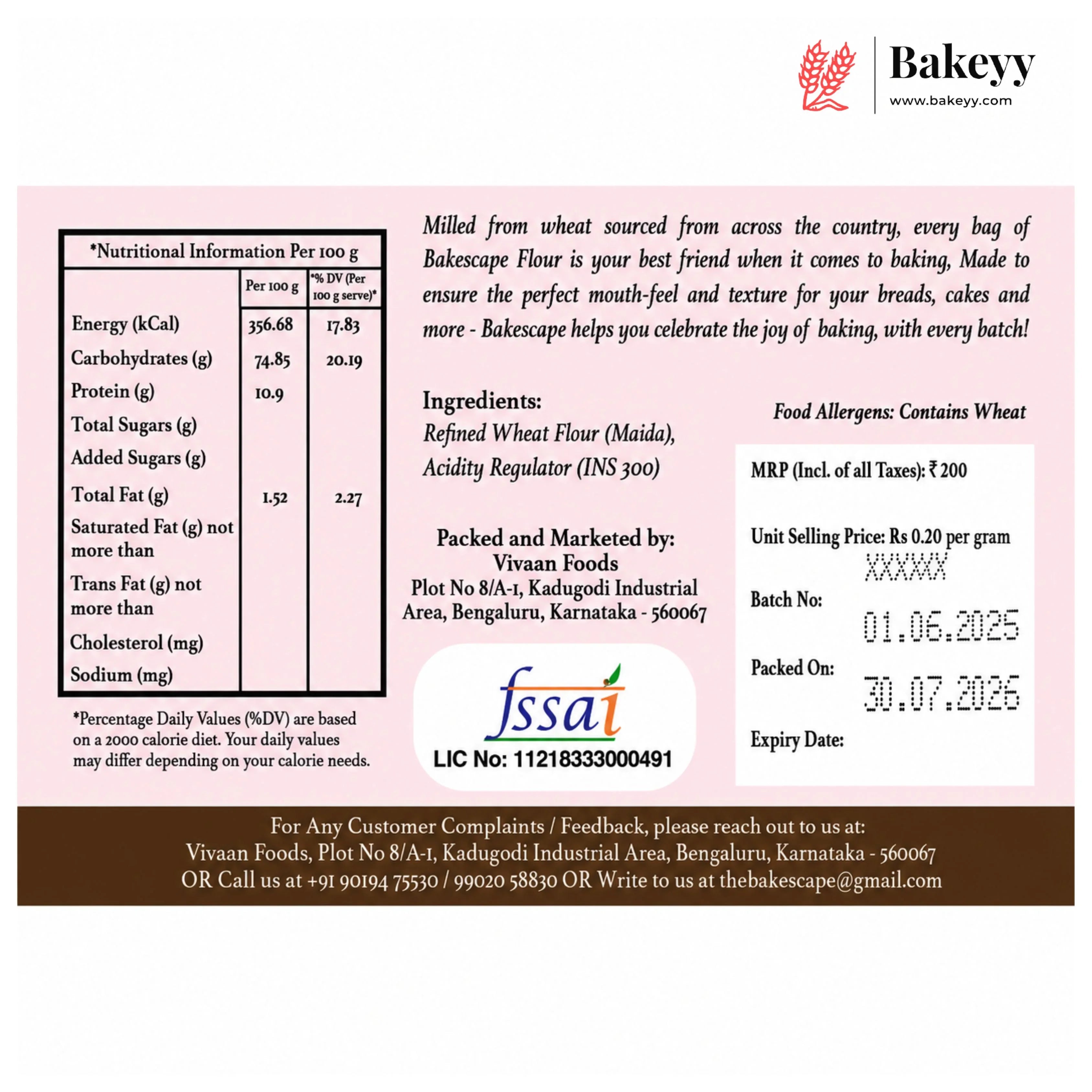 Bakeseyy flour packaging with nutritional information, ingredients, and contact details.
