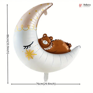 Balloon shaped like a crescent moon with a bear design, featuring dimensions on a white background.
