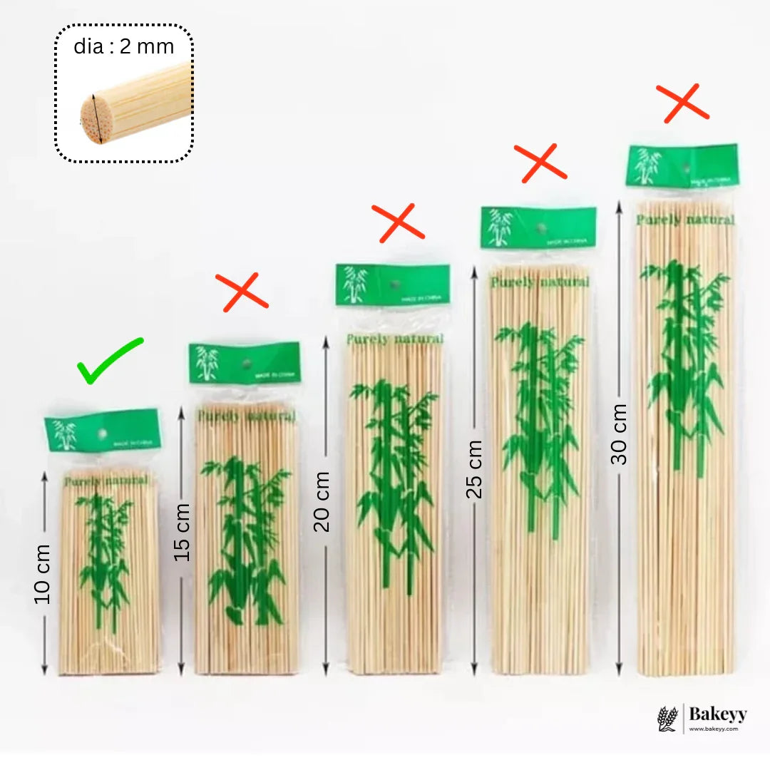Bakeyy.com bamboo skewers 2mm diameter in 10cm, 15cm, 20cm, 25cm, 30cm sizes, packaging shown