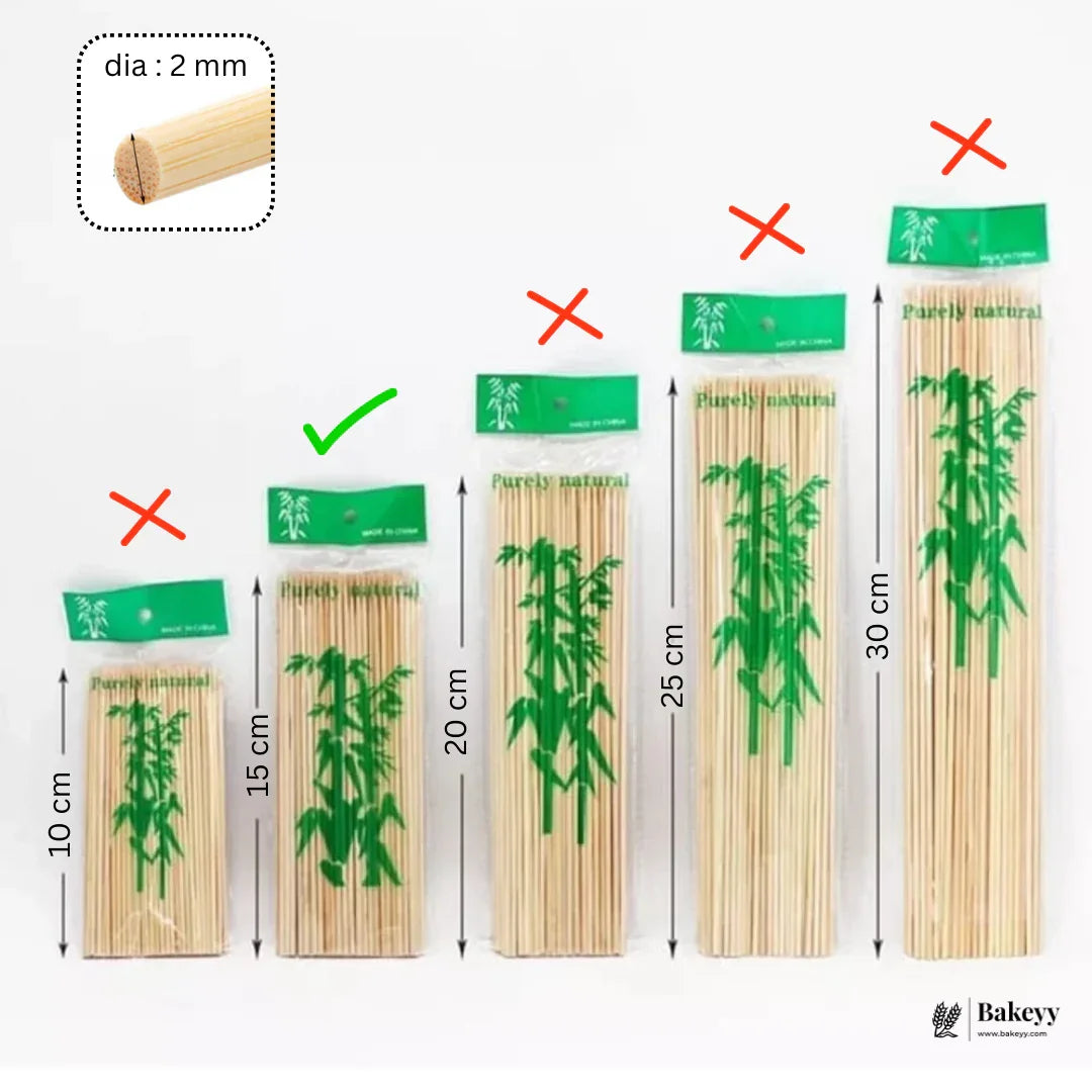 Bamboo skewers 15cm size highlighted, 2mm diameter, various pack sizes from Bakeyy wholesale baking supplies.