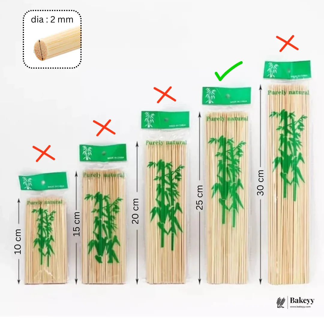 Bamboo skewers in 5 sizes from 10cm to 30cm, 2mm diameter, 25cm pack highlighted, Bakeyy.com