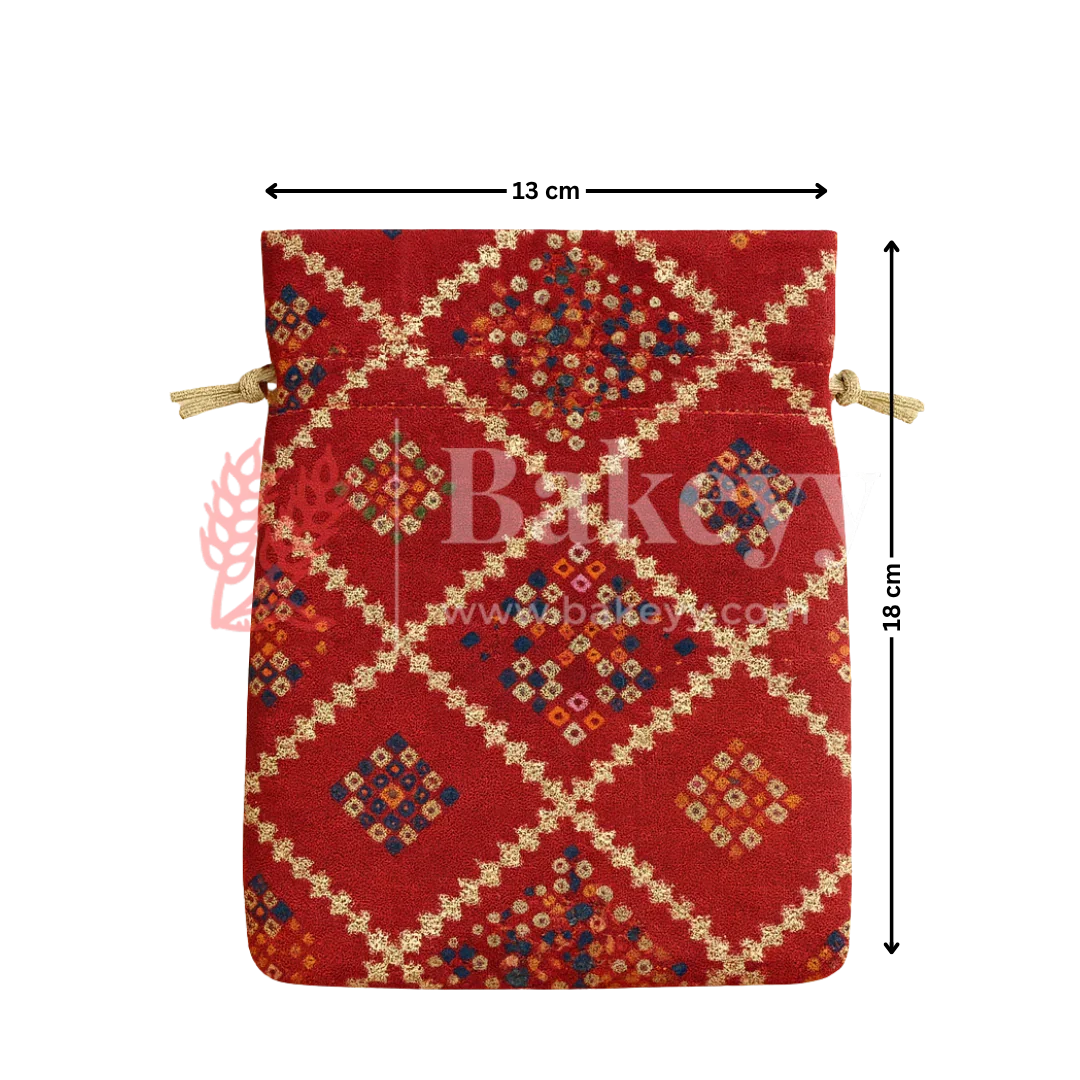 Bandhini Print Potli Bag with Drawstring – Festive Gift Pouch | Red | Pack of 10