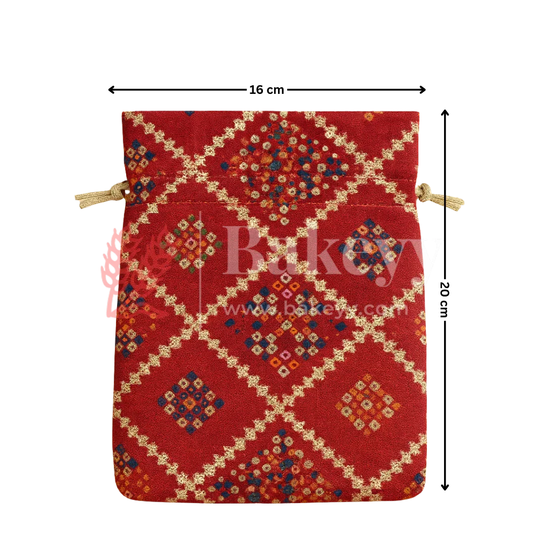 Bandhini Print Potli Bag with Drawstring – Festive Gift Pouch | Red | Pack of 10