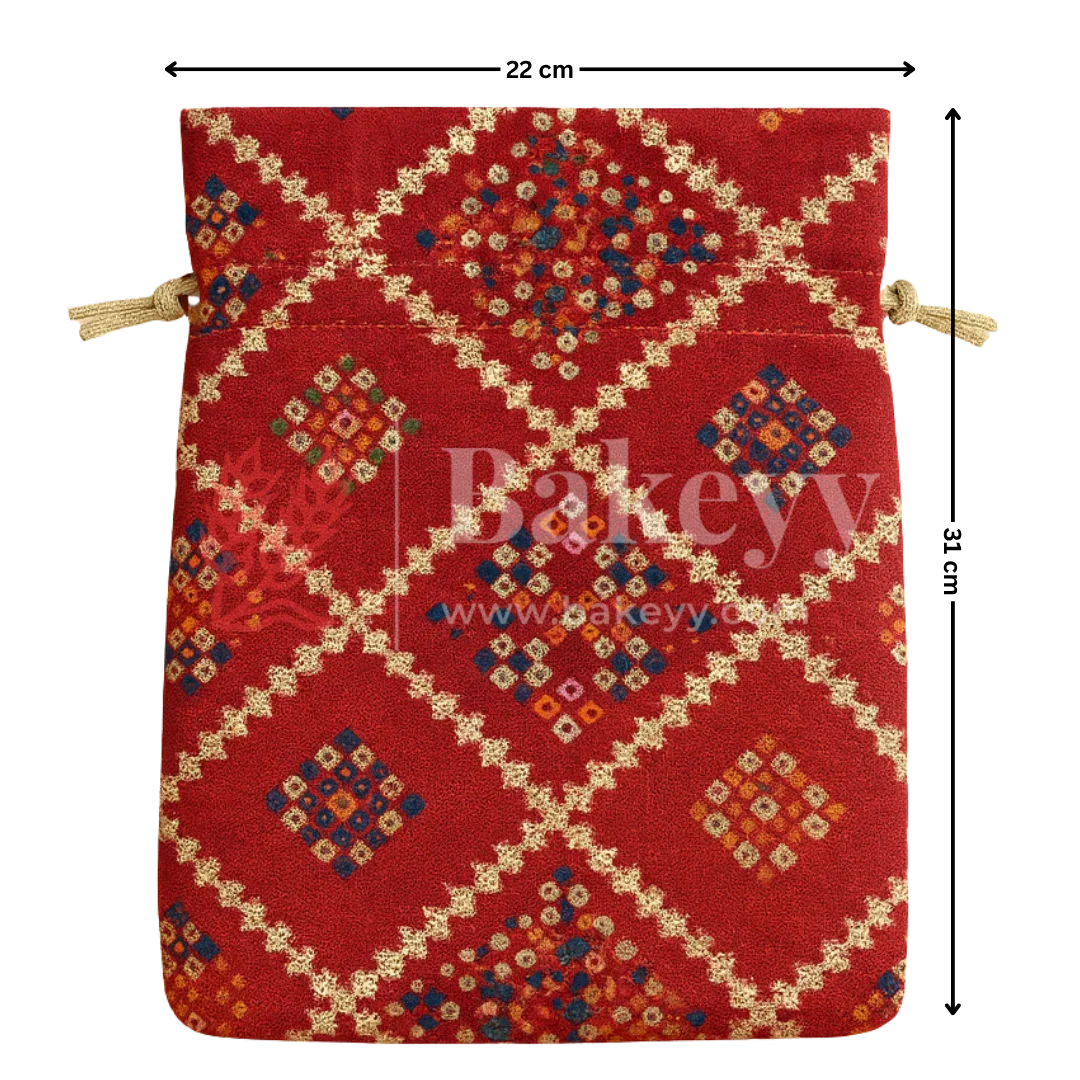 Bandhini Print Potli Bag with Drawstring – Festive Gift Pouch | Red | Pack of 10