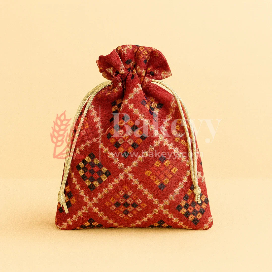Bandhini Print Potli Bag with Drawstring – Festive Gift Pouch | Red | Pack of 10