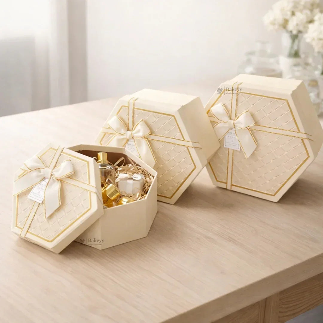 Beige Hexagon Gift Box with Ribbon | Luxury Rigid Hamper & Chocolate Packaging Box | Available in 3 Sizes | Pack of 1