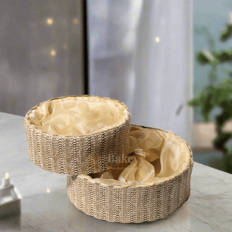 Beige Round Gift Basket | Natural Textured Hamper with Satin Lining - Bakeyy.com - India - Beige Round Gift Basket | Natural Textured Hamper with Satin Lining - Small