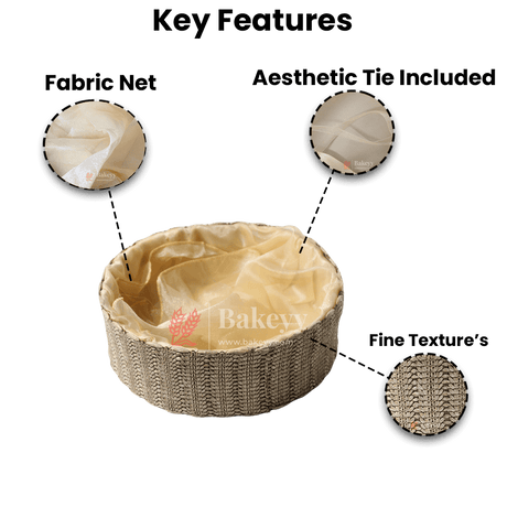 Beige Round Gift Basket | Natural Textured Hamper with Satin Lining - Bakeyy.com - India - Beige Round Gift Basket | Natural Textured Hamper with Satin Lining - Small
