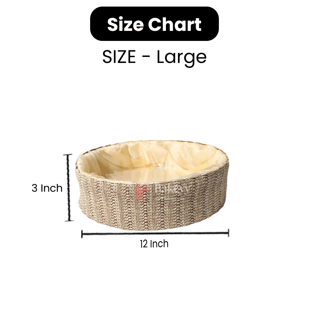 Beige Round Gift Basket | Natural Textured Hamper with Satin Lining - Bakeyy.com - India - Beige Round Gift Basket | Natural Textured Hamper with Satin Lining - Small