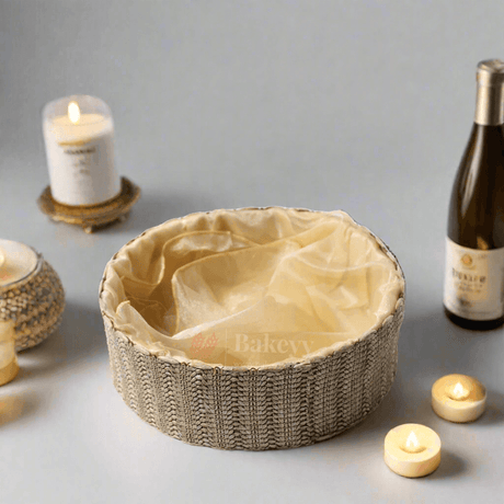 Beige Round Gift Basket | Natural Textured Hamper with Satin Lining - Bakeyy.com - India - Beige Round Gift Basket | Natural Textured Hamper with Satin Lining - Small