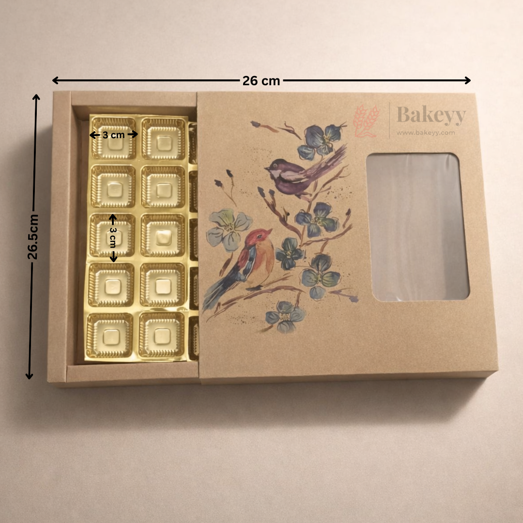 Bird Print Kraft Chocolate Box with Window | Gold Cavity Tray | Pack of 10