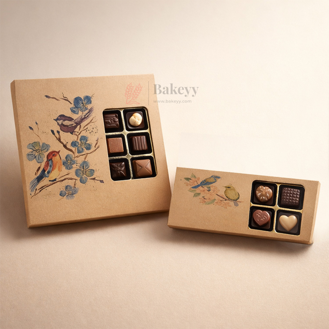 Bird Print Kraft Chocolate Box with Window | Gold Cavity Tray | Pack of 10