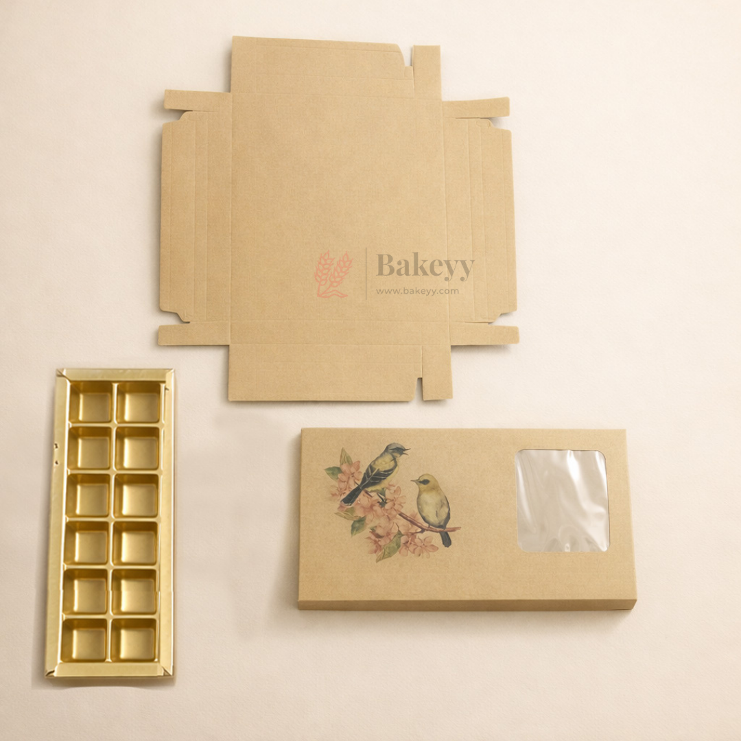 Bird Print Kraft Chocolate Box with Window | Gold Cavity Tray | Pack of 10