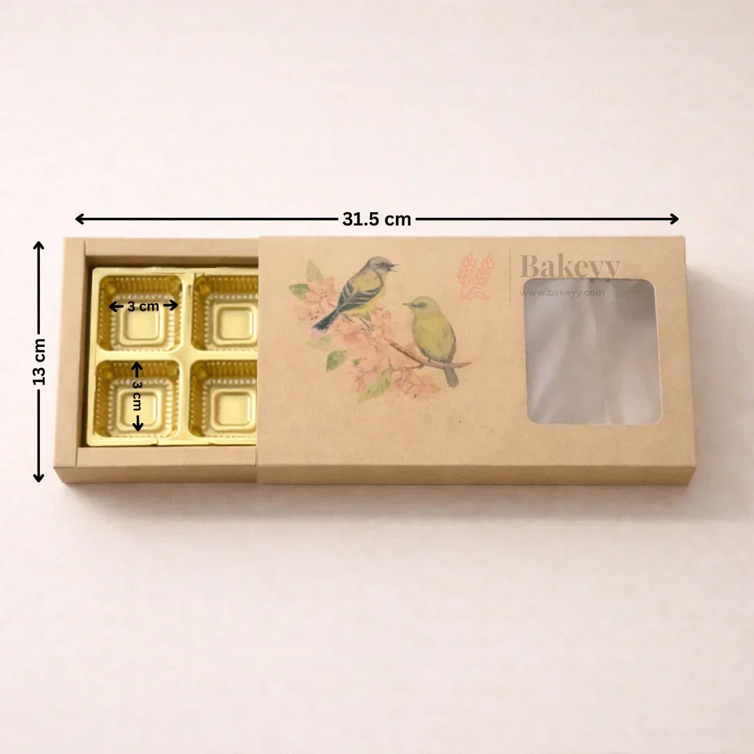 Bird Print Kraft Chocolate Box with Window | Gold Cavity Tray | Pack of 10 - Bakeyy.com - India - Bird Print Kraft Chocolate Box with Window | Gold Cavity Tray | Pack of 10 - 12 Cavity 600.00