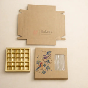 Bird Print Kraft Chocolate Box with Window | Gold Cavity Tray | Pack of 10 - Bakeyy.com - India - Bird Print Kraft Chocolate Box with Window | Gold Cavity Tray | Pack of 10 - 12 Cavity 600.00
