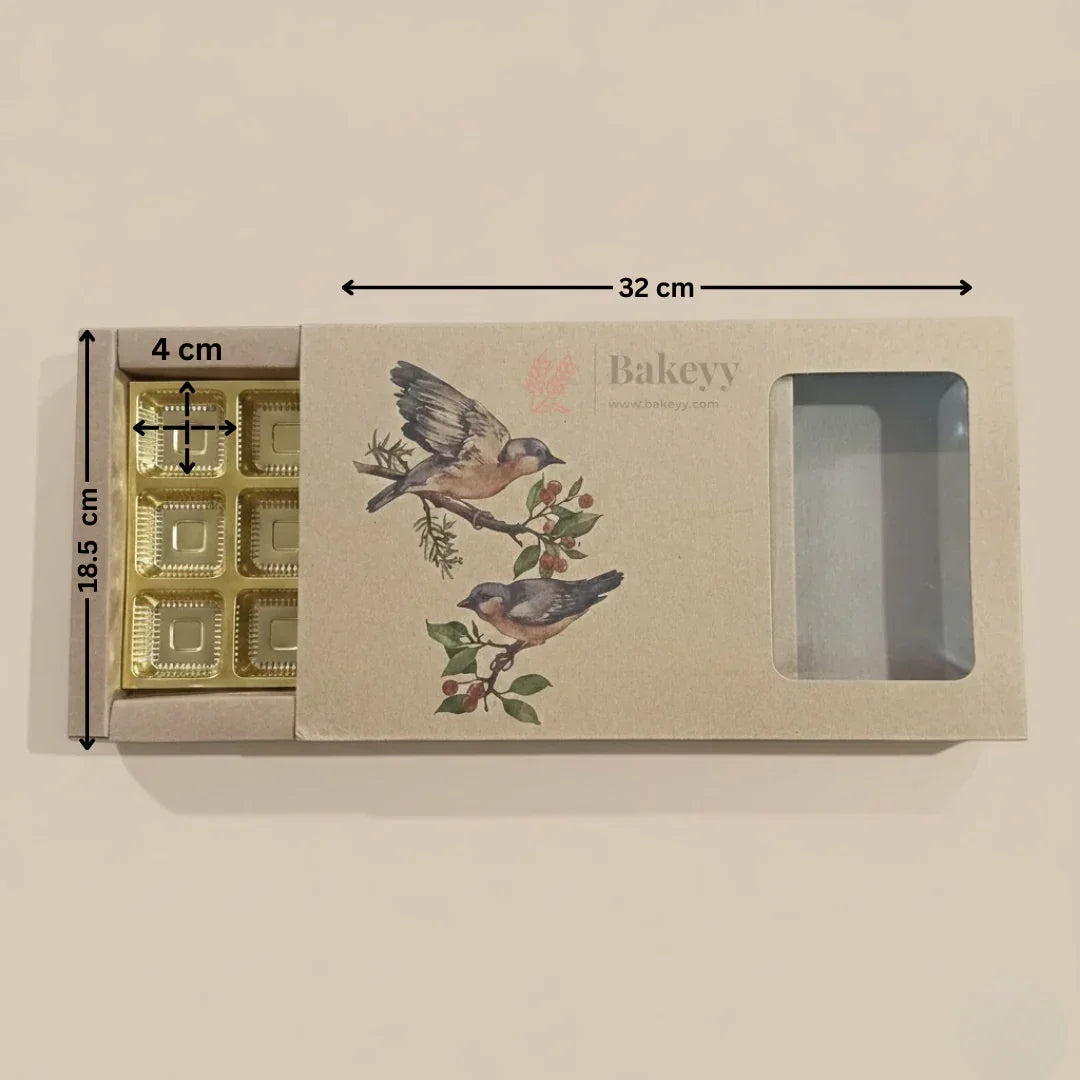 Bird Print Kraft Chocolate Box with Window | Gold Cavity Tray | Pack of 10 - Bakeyy.com - India - Bird Print Kraft Chocolate Box with Window | Gold Cavity Tray | Pack of 10 - 18 Cavity 680.00