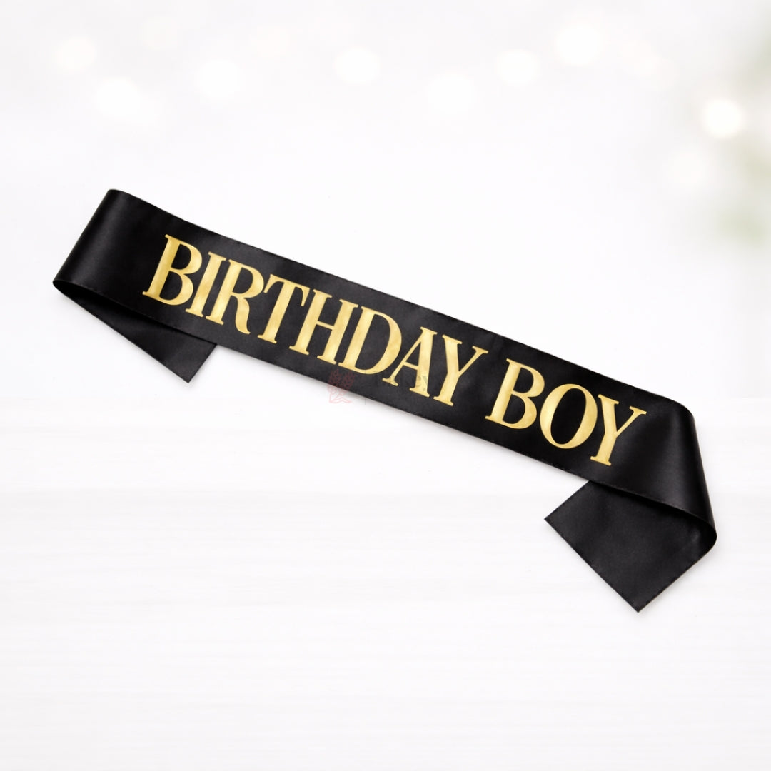 Birthday Boy Satin Party Sash – Black with Gold Lettering | Pack of 1