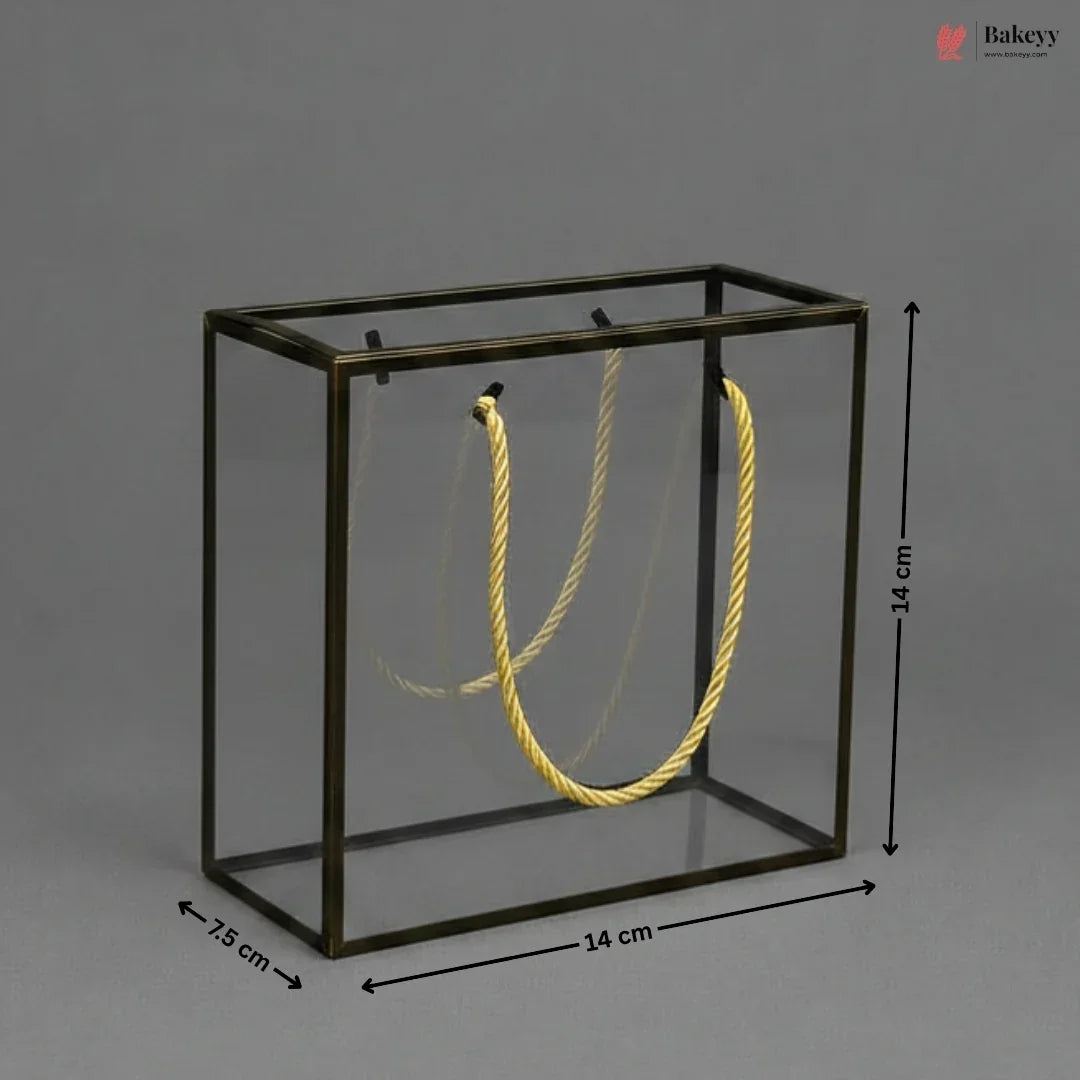 Glass display case with a yellow rope inside, on a gray background