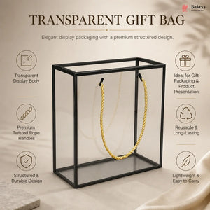 Transparent gift bag with black frame and gold handle on a beige background, featuring Bakeey branding.