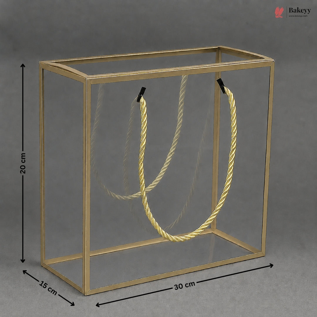 Gold PVC Transparent Gift Bag with Gold Rope Handle | Clear Premium Hamper Packaging Box | Pack of 10