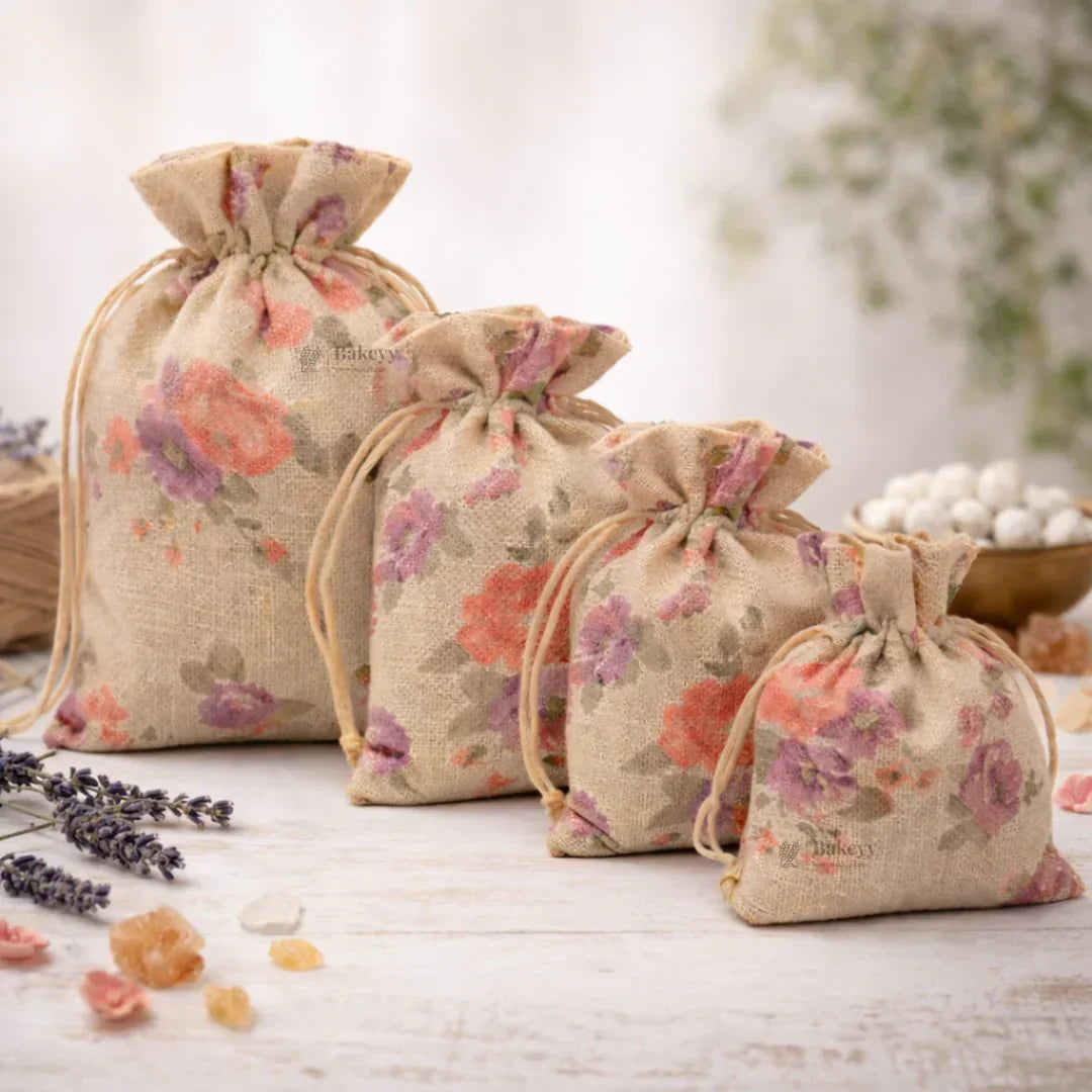 Floral Printed Jute Potli Bag | Floral Print Drawstring Pouch | 4 Sizes Available | Pack of 10 - Bakeyy.com - India - Floral Printed Jute Potli Bag | Floral Print Drawstring Pouch | 4 Sizes Available | Pack of 10 - 10x14 cm 150.00