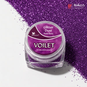 Purple glitter dust container with 'Bakeyy' branding on a white background