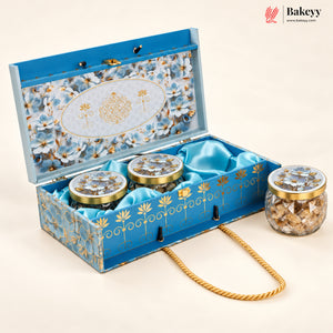 Blue Floral MDF Hamper Box with 3 Glass Jars | Pack of 1