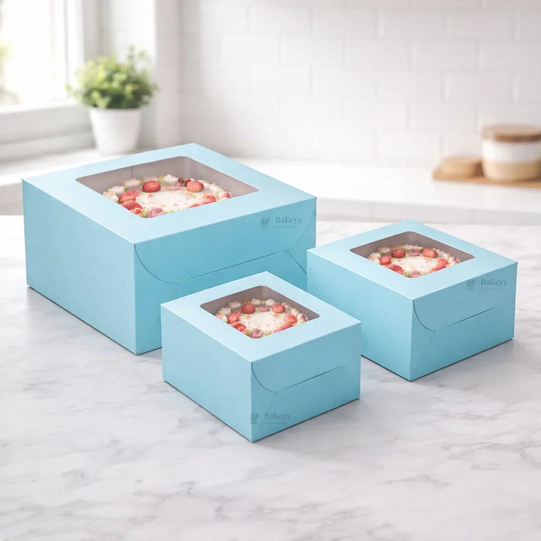 5 Inch Height | Cake Box With Square Top Window | Blue Color | ITC Back Box | 3 Sizes Available | Pack Of 25 - Bakeyy.com - India - 5 Inch Height | Cake Box With Square Top Window | Blue Color | ITC Back Box | 3 Sizes Available | Pack Of 25 - 7x7x5 Inch 650.00