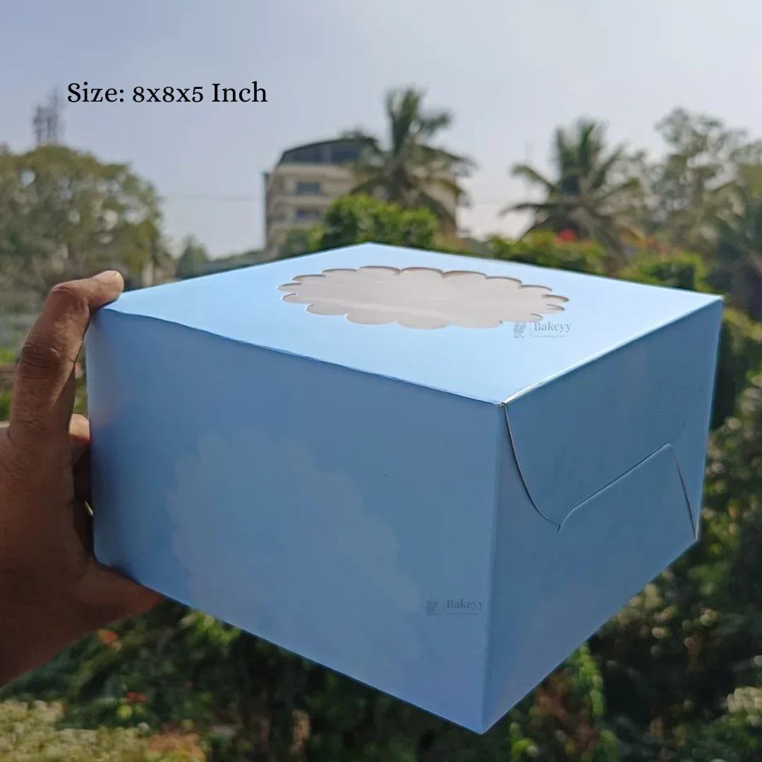5 Inch Height | Cake Box With Flower Top Window | Blue Color | ITC Back Box | 3 Sizes Available | Pack Of 25 - Bakeyy.com - India - 5 Inch Height | Cake Box With Flower Top Window | Blue Color | ITC Back Box | 3 Sizes Available | Pack Of 25 - 7x7x5 Inch 650.00