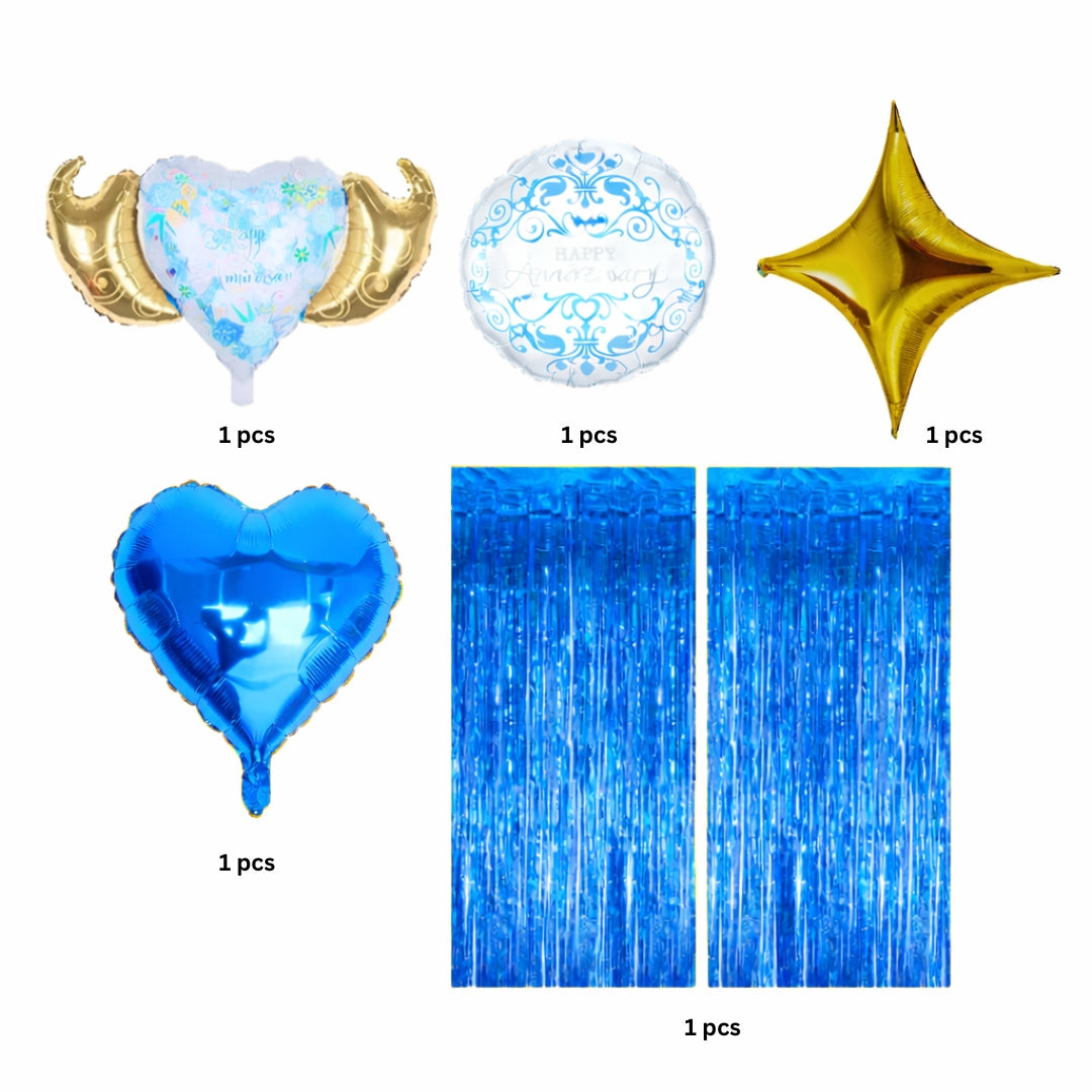Blue & Gold Happy Anniversary Balloon Decoration Kit | Foil Balloons & Fringe Curtain Set | Anniversary Backdrop Decor| Party Decor | Pack of 1