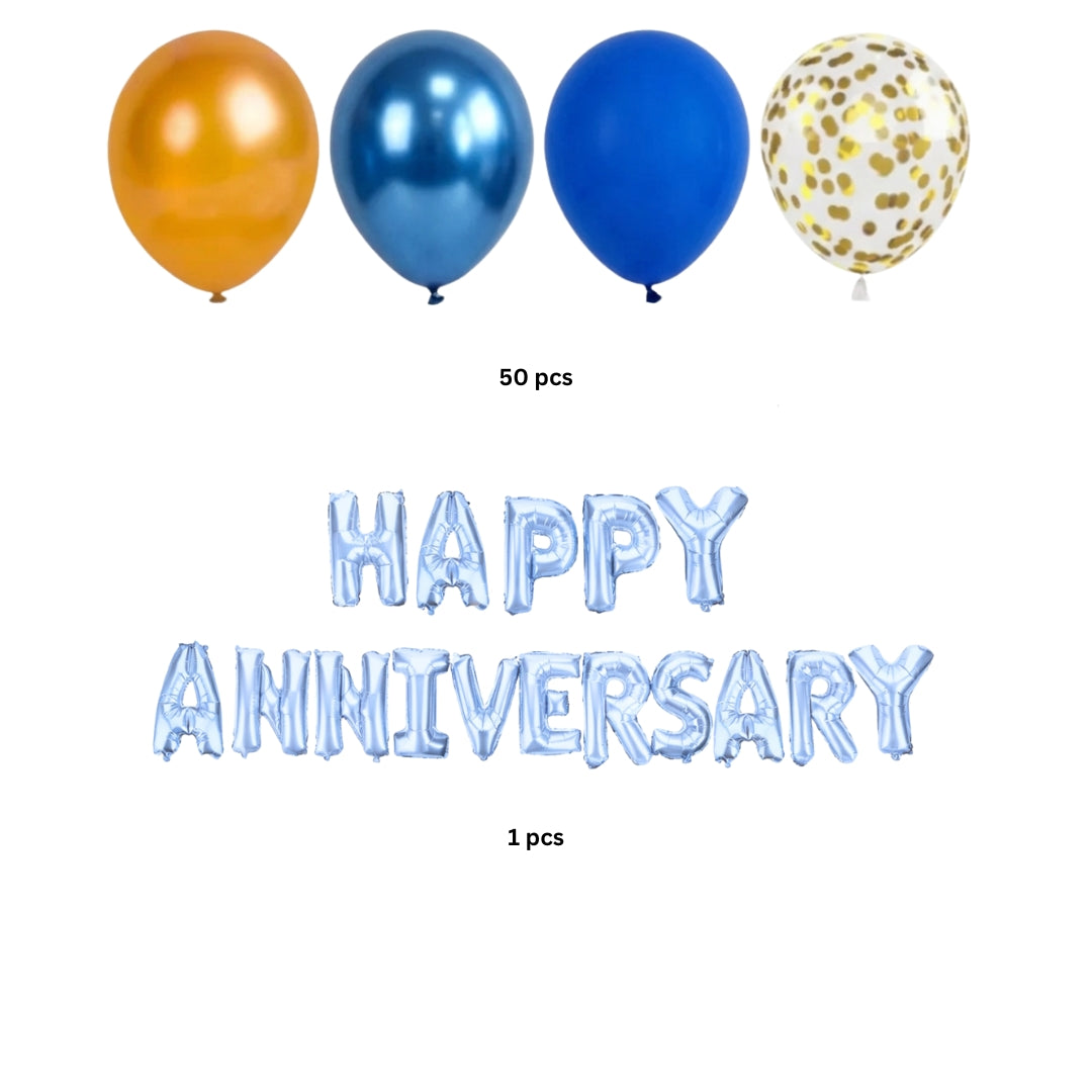 Blue & Gold Happy Anniversary Balloon Decoration Kit | Foil Balloons & Fringe Curtain Set | Anniversary Backdrop Decor| Party Decor | Pack of 1
