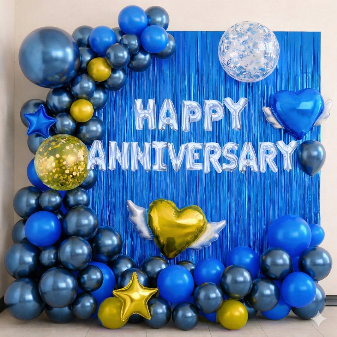 Blue & Gold Happy Anniversary Balloon Decoration Kit | Foil Balloons & Fringe Curtain Set | Anniversary Backdrop Decor| Party Decor | Pack of 1