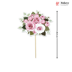 Floral decoration with pink roses on a stick, branded 'Bakeyy'.