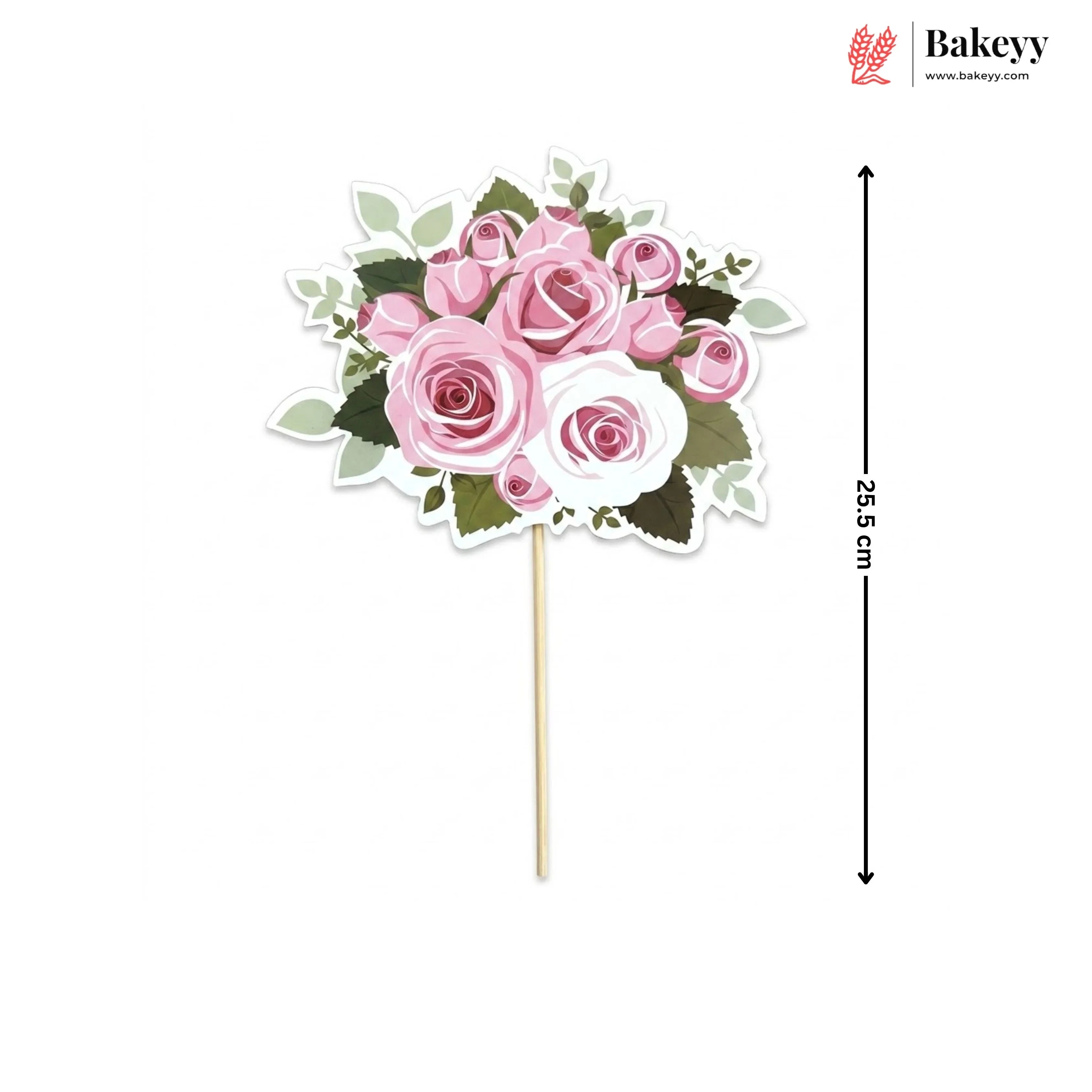 Floral decoration with pink roses on a stick, branded 'Bakeyy'.