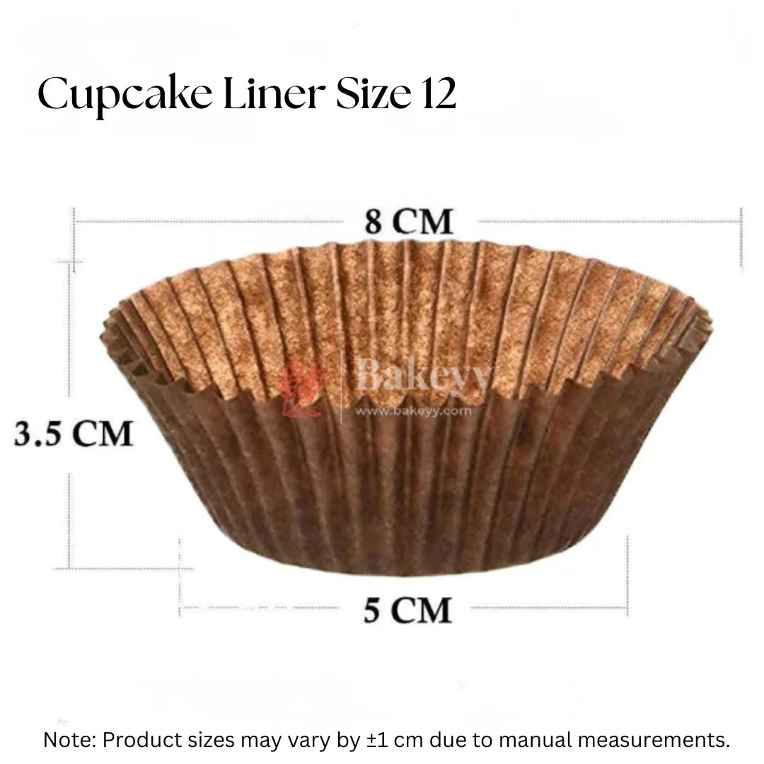 Brown cupcake liner size 12, 8 cm diameter, from Bakeyy baking supplies India.