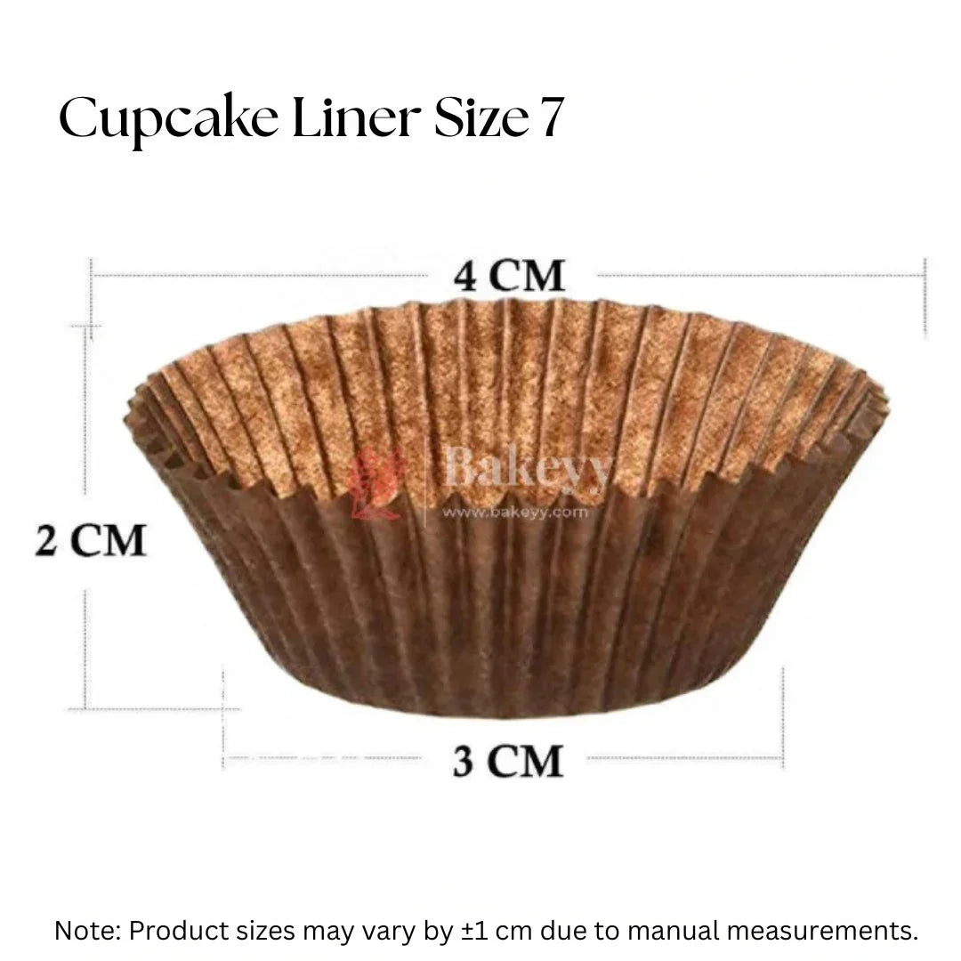 Brown cupcake liner size 7, 4 cm top, 3 cm base, 2 cm height, from Bakeyy wholesale baking supplies.