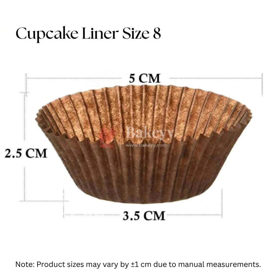 Brown cupcake liner size 8, 5 cm diameter, 2.5 cm height, Bakeyy baking supplies.