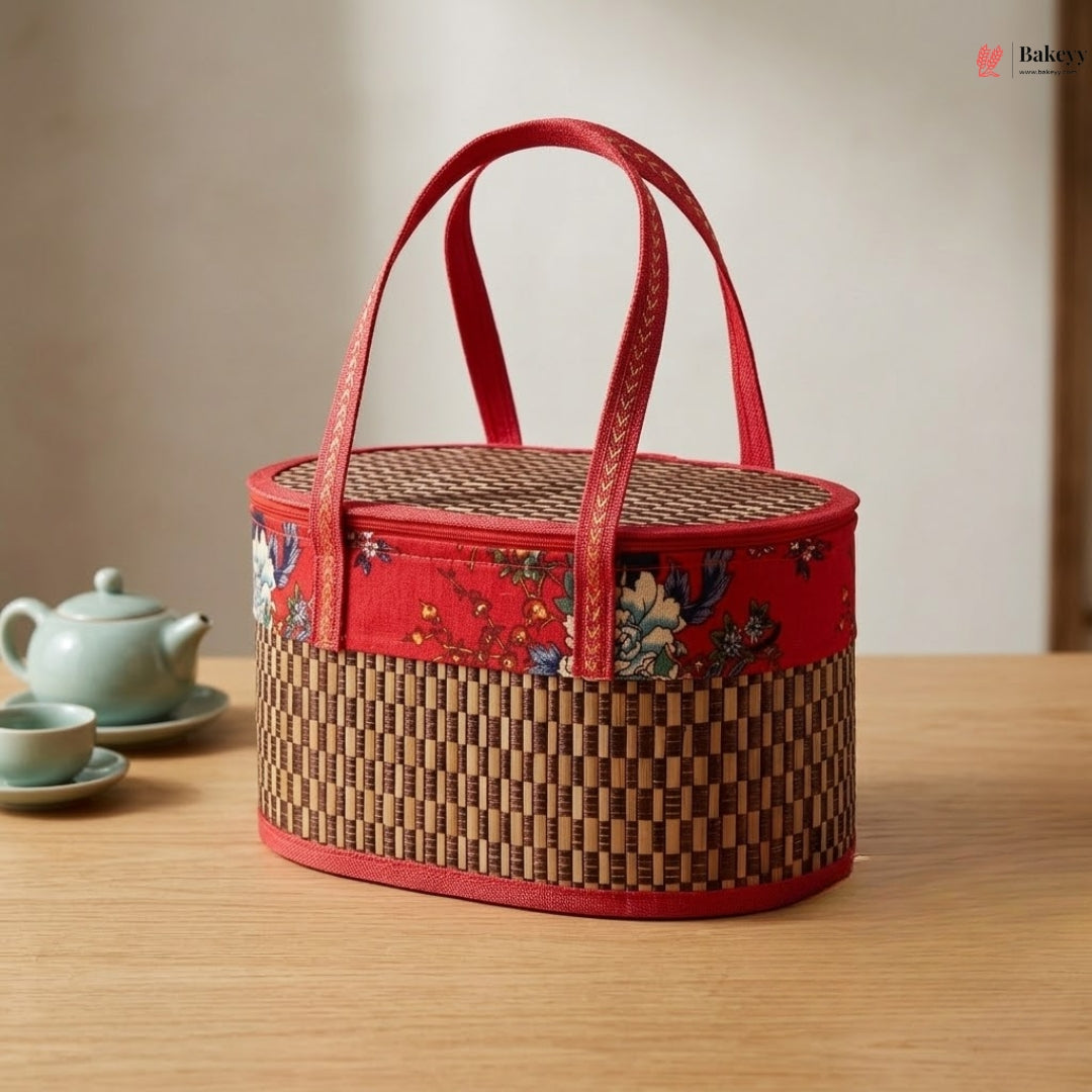 Brown Wooden Oval Basket | Collapsible Woven Basket with Handle | Gift & Picnic Basket | Pack of 1