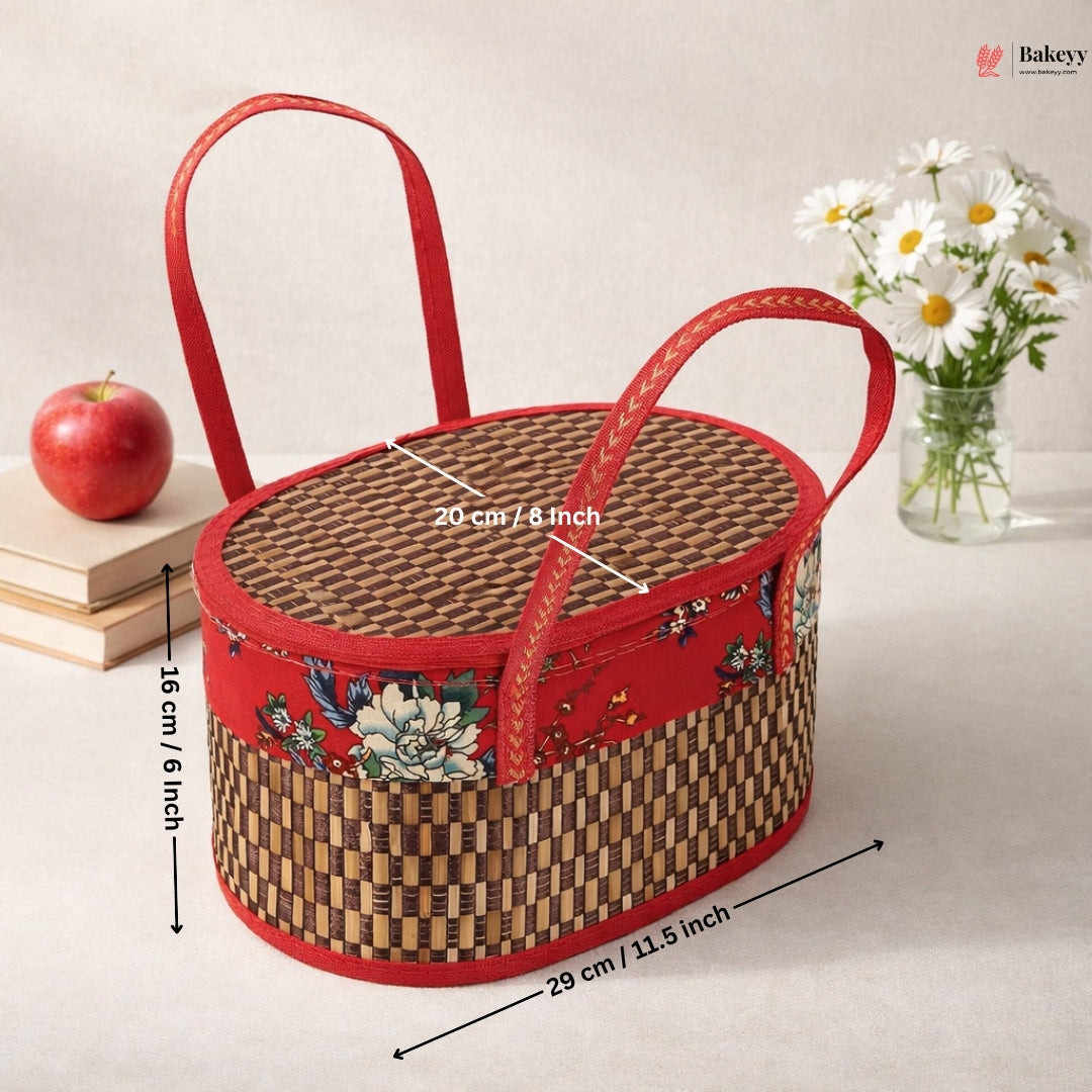 Brown Wooden Oval Basket | Collapsible Woven Basket with Handle | Gift & Picnic Basket | Pack of 1