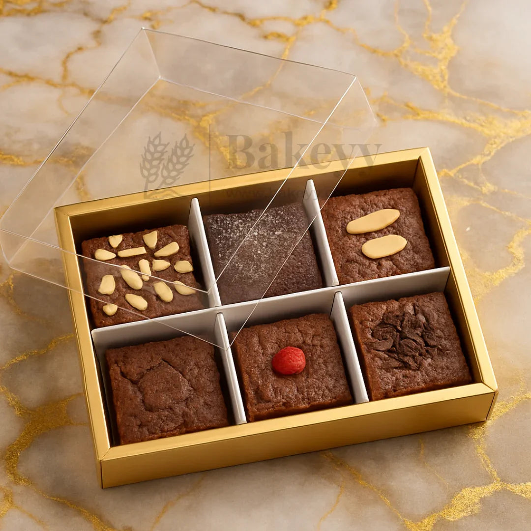 6 Cavity Brownie Box with Transparent Slider Lid | Metallic Gold | Pack of 10 - Bakeyy.com - India - 6 Cavity Brownie Box with Transparent Slider Lid | Metallic Gold | Pack of 10 - Default Title