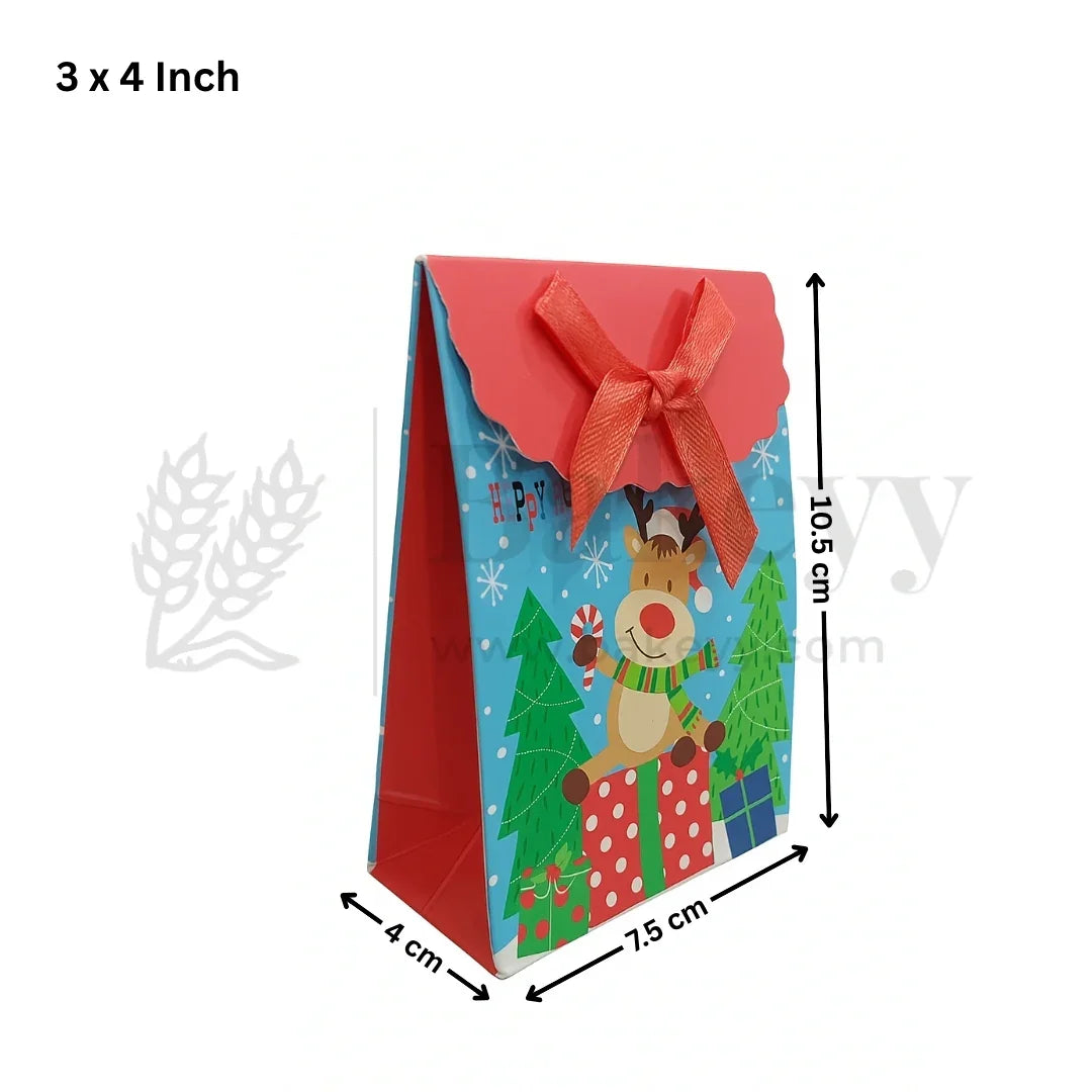 Christmas-themed gift bag with dimensions on a white background