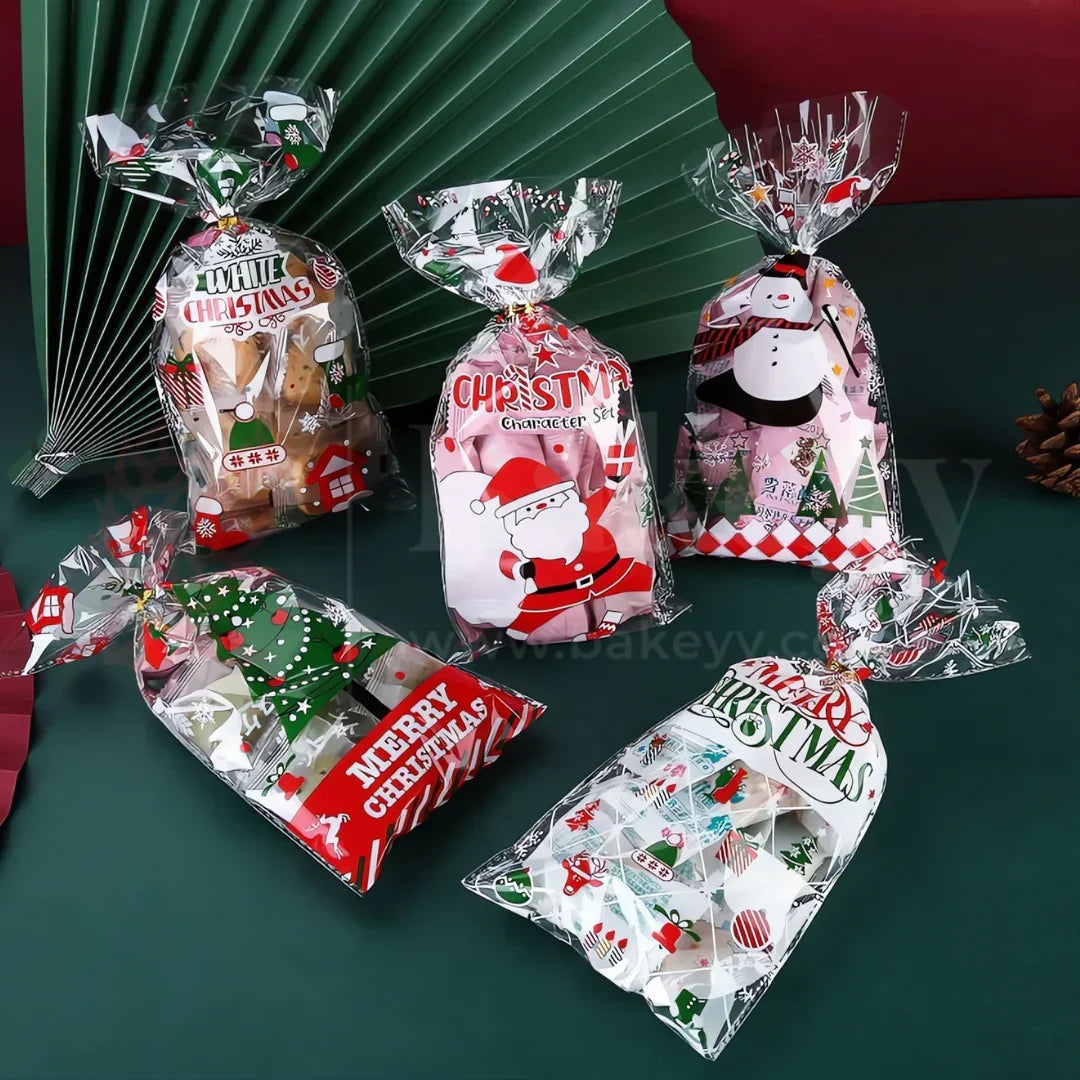 Christmas Cellophane Treat Bags with 50 Pieces Twisters | Pack of 50 - Bakeyy.com - India - Christmas Cellophane Treat Bags with 50 Pieces Twisters | Pack of 50 - Semi Transparent