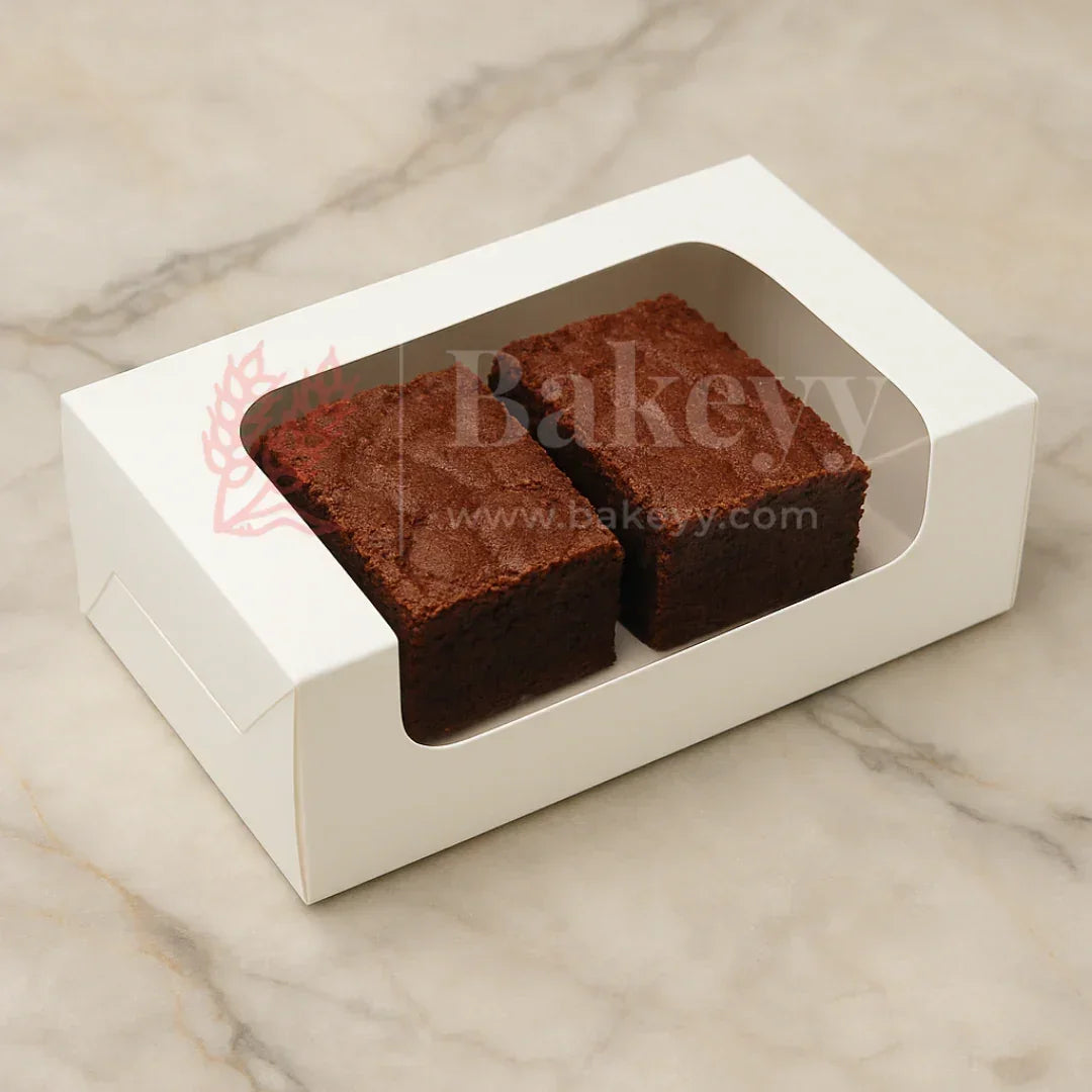 Brownie gift box with two brownies in white window packaging from Bakeyy baking supplies
