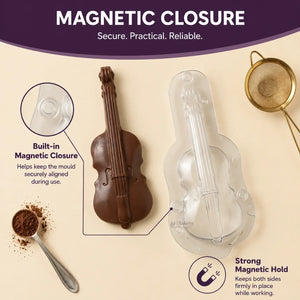 Chocolate mold with violin design and magnetic closure feature on a beige background