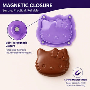 Hello Kitty chocolate mold with a purple lid featuring a magnetic closure on a white background.