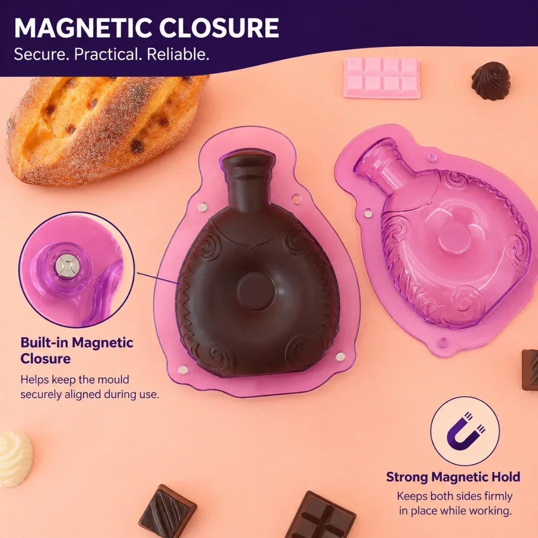 Magnetic closure silicone mold with chocolate and bread on a pink background