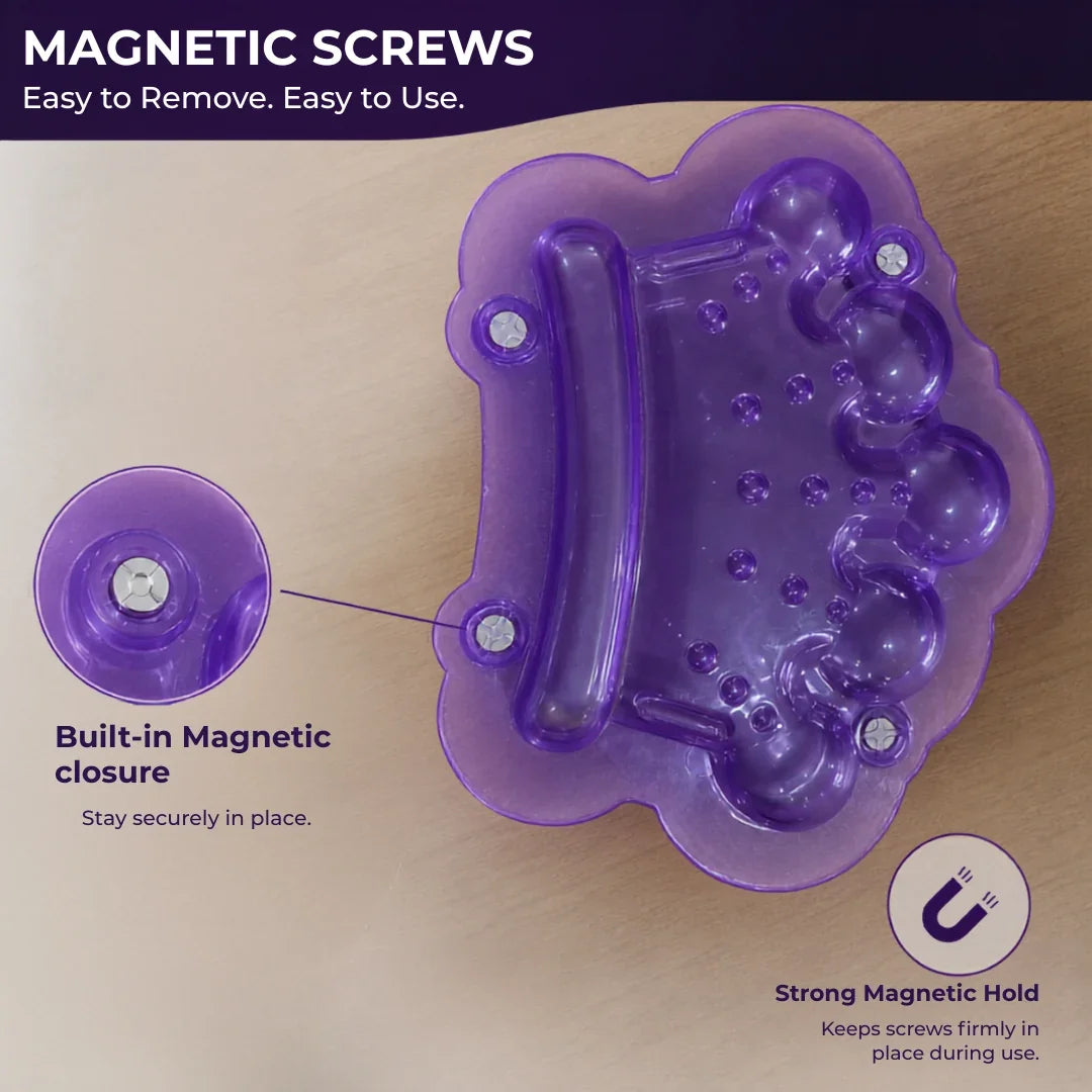 Purple plastic component with magnetic screws and text highlighting features on a beige background