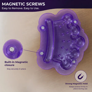 Purple plastic component with magnetic screws and text highlighting features on a beige background