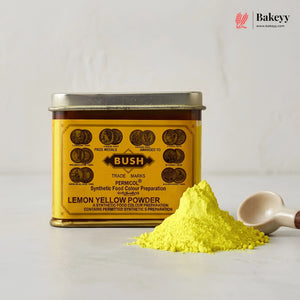 Bush Lemon Yellow Powder with a scoop of powder on a light gray background